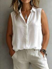 Plus Size Fashionable Sleeveless Lapel Shirt For Women, Versatile Loose Casual Commute Camisole Tank Top, Solid Color Button Front, Daily Wear White Summer, Work To Weekend - White - View 1
