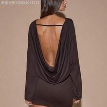MewMuse. Vestido mini de manga larga, cuello en V profundo, suelto, de color marrón/café sólido, adecuado para cóctel, cita romántica, reunión, evento formal, dama de honor, salida nocturna, Halloween, Navidad - Rosa Pálido - Ver 2