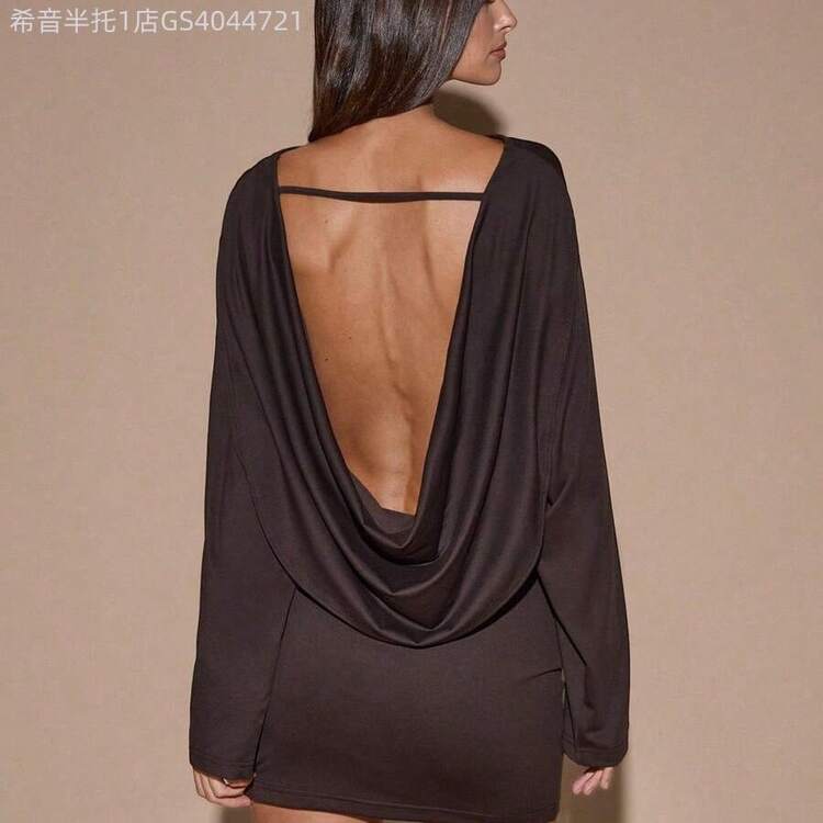 MewMuse. Vestido mini de manga larga, cuello en V profundo, suelto, de color marrón/café sólido, adecuado para cóctel, cita romántica, reunión, evento formal, dama de honor, salida nocturna, Halloween, Navidad - Rosa Pálido - Añade 2