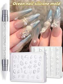 Moules à ongles en silicone thème océan, moules pour art des ongles 3D coquillages, étoiles de mer, dauphins. Modèles de gravure thème plage pour charms à ongles en gel 3D, outils de décoration manucure pour ongles d'été DIY pour femmes avec stylo de gravure en silicone - Transparent - Voir 1