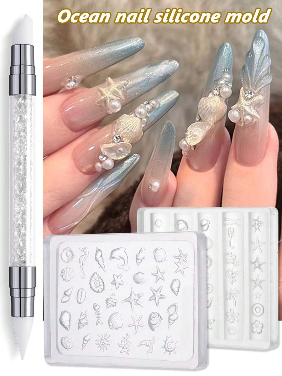 Moules à ongles en silicone thème océan, moules pour art des ongles 3D coquillages, étoiles de mer, dauphins. Modèles de gravure thème plage pour charms à ongles en gel 3D, outils de décoration manucure pour ongles d'été DIY pour femmes avec stylo de gravure en silicone - Transparent - Voir 1