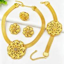 4pcs Luxury Women's Gold-Plated Hollow Flower Pendant Jewelry Set - Necklace, Earrings, Bracelet, Ring, Saudi Arabian, Middle Eastern, Dubai, European, African Brides, Wedding Banquets, Mother's Day, Valentine's Day, Birthday Gifts For Mom, Sisters, Girlfriends - Yellow Gold - View 2