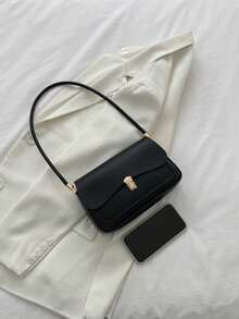 Fashionable Solid Color Buckle Retro Shoulder Bag - Black - View 4