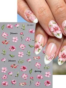 1 Sheet 5D Embossed Pink Flower Nail Stickers - Spring Floral Self-Adhesive Nail Decals, French Tip Nail Art Decorations For DIY Manicure - Multicolor - View 4