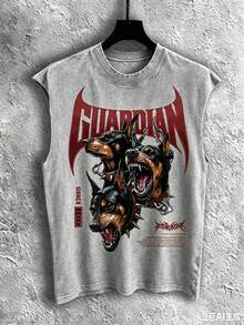 2026 New Summer Men's Sleeveless T-Shirt 230g Washed, Guardian's Wild Power Pattern-Printed Vest, Men's Washed Vintage Tank Top, Washed Cotton Fabric, - 灰色 - 查看 7