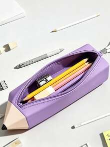 1 pièce Trousse à crayons en silicone en forme de crayon mignon, grande capacité, fermeture éclair lisse, pochette de papeterie - Multicolore - Voir 3