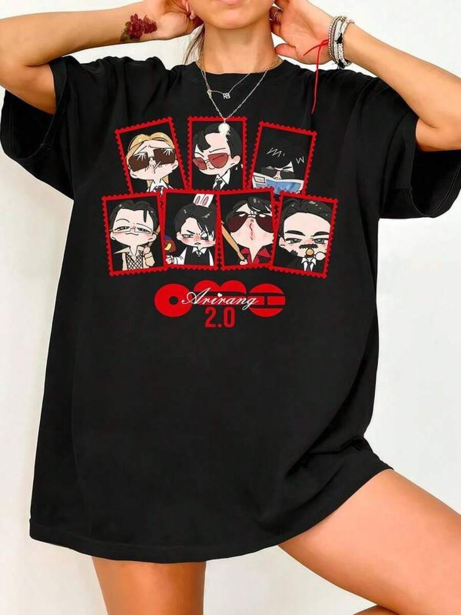 Camiseta BT.S 2.0 MV Album Arirang, Regalo para Army, Regalo para los Fans de la Gira Mundial 2026, Atuendo para Concierto, Regalo para Army.Camiseta casual de manga corta de algodón negro con estampado gráfico vintage. - Negro - Ver 1