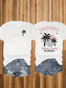 Women's Short Sleeve T-Shirt - Women's Heavyweight 180g Pure Cotton T-Shirt - Short Sleeve Crew Neck Top With Double-Sided Palm Tree Print - 白色 - 查看 1