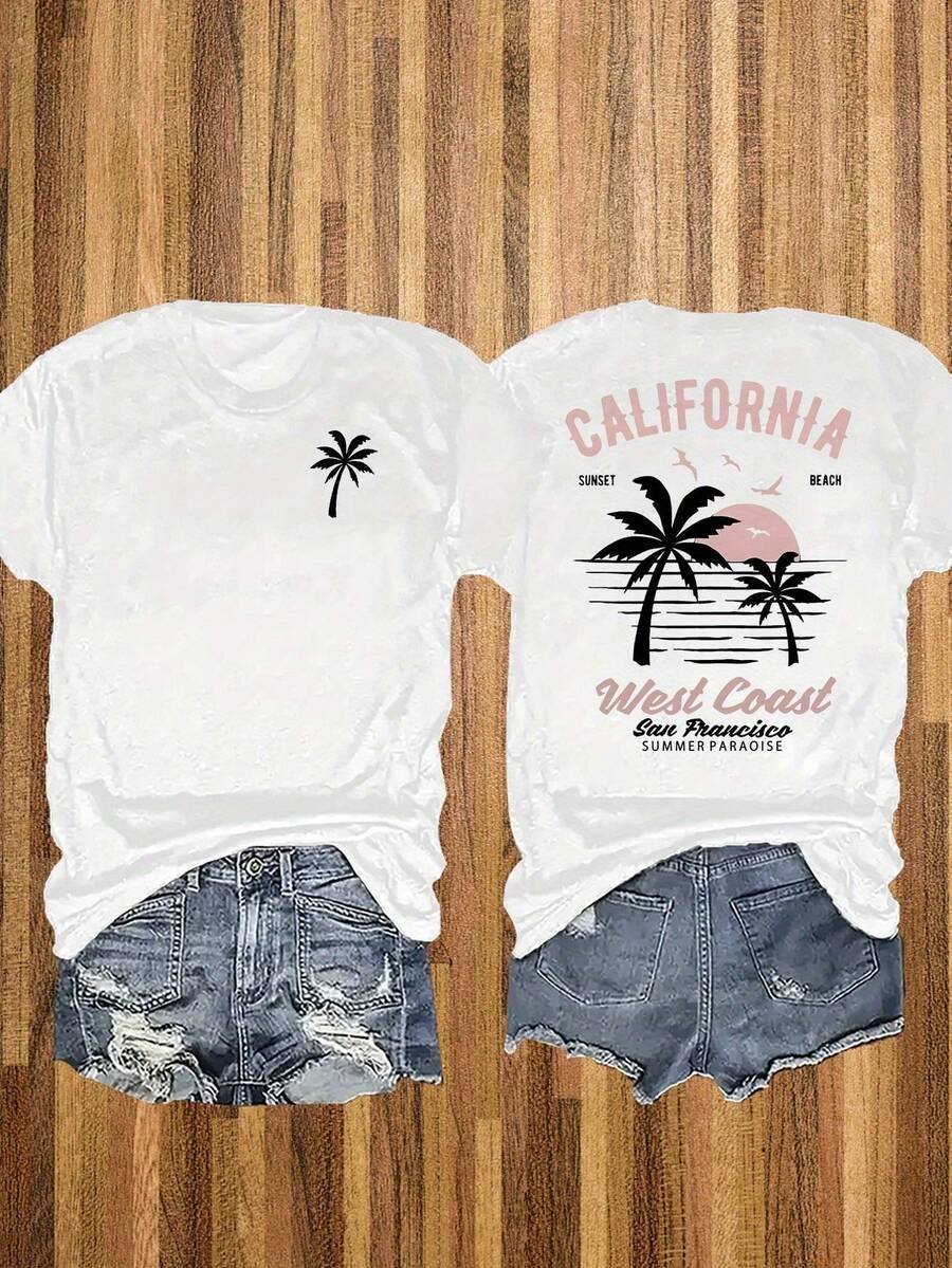 Women's Short Sleeve T-Shirt - Women's Heavyweight 180g Pure Cotton T-Shirt - Short Sleeve Crew Neck Top With Double-Sided Palm Tree Print - 白色 - 查看 1