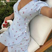 Fengyu Women's Clothing Store  Vestido corto con cuello en V, volantes y estampado de cerezas para mujer - Albaricoque - Ver 5