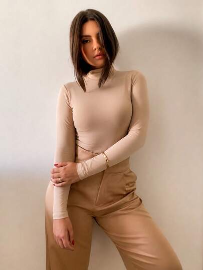 Blusa Básica Manga Longa Casual Poteção UV Segunda Pele Feminina Trabalho Frio Inverno Outono Nude Bege