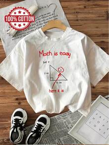 Tops,Math Is Easy Printed 100% Short-Sleeved Round-Neck Casual Shirt, Suitable For Summer And Spring, Women'S Clothing - White - View 6