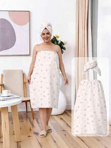 1/2pcs Polyester Bathrobe & Hair Towel Cap, Pink Rose Bow Ditsy Floral Bandeau Bath Wrap, Quick-Dry Absorbent Bath Towel Dress, Elastic Bandeau Design, Suitable For Daily Bathroom Care, SPA Salon, Hotel Stay, Travel Vacation, Beach Swimwear Cover-Up & Home Leisure Wear - Multicolor - View 2