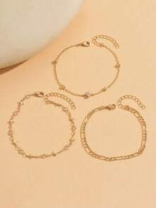 3pcs/Set Fashionable Handmade Cross Chain, Transparent Teardrop Crystal, Four-Leaf Flower Decor Anklet, Multi-Layer Stackable Anklet, Suitable For Daily Wear, Adjustable Length - one-size - View 2