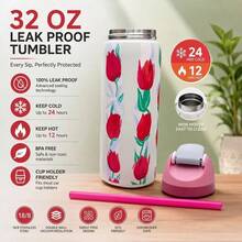32oz Insulated Stainless Steel Water Bottle With Straw And Handle, Available In A Variety Of Cute Cartoon Designs. Suitable For Sports, Outdoor Activities, Travel, And Student Use. - 紅色 - 查看 3