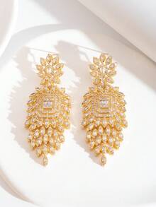 1 Pair Luxury Elegant Sparkling Cubic Zirconia Inlaid Floral Cluster Design Earrings Suitable For Women's Wedding Banquet Wear, Gift Box Not Included - Yellow Gold - View 2