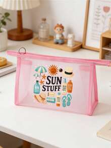 網格化妝包，印有化妝面具圖案，帶有「Sun Items」字母設計，夏季防曬收納包，多功能化妝包，便攜收納包，化妝包，護膚包，旅行必需品，宿舍用品，浴室收納，珠寶收納，唇油和化妝品收納包，學校用品包，化妝包假期必需品，化妝品收納，婚禮新娘禮物，母親節禮物，生日禮物，給朋友和老師的禮物 - 彩色 - 查看 6