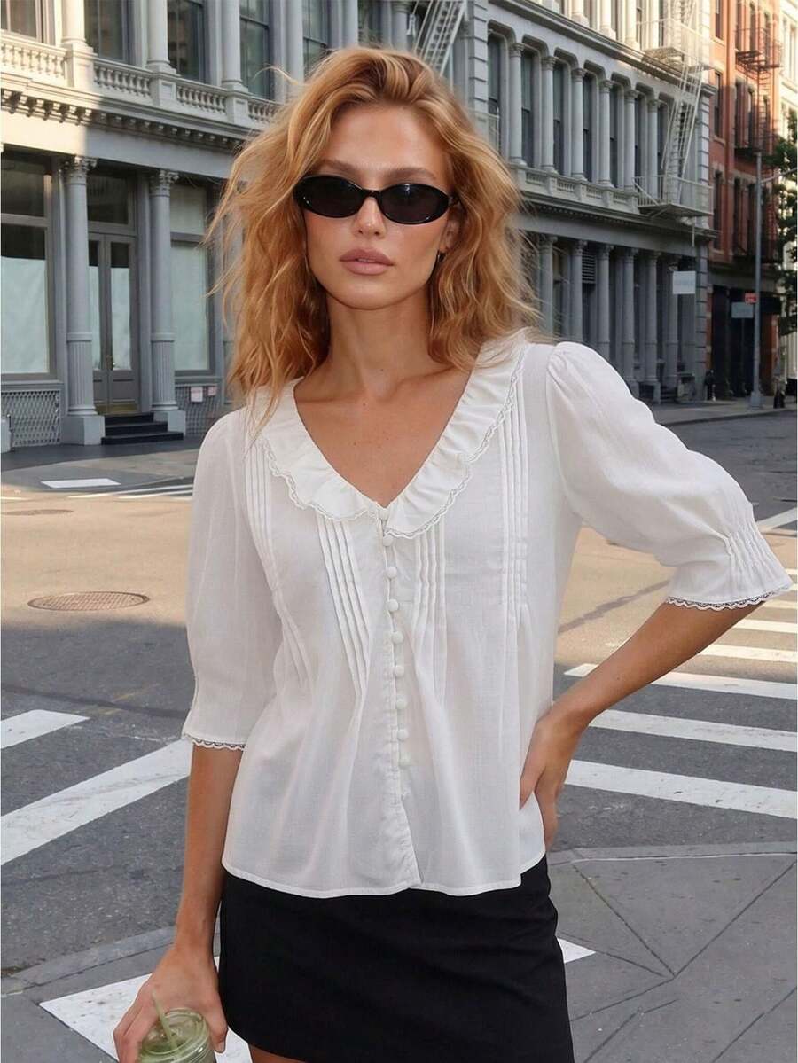 Women's Summer Ruffle V Neck Short Sleeve Blouse - Solid Color With Frog Buttons For Daily  Party - White - View 1