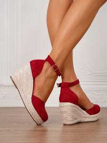 Sandal đế xuồng mùa hè nữ, giày đế xuồng đen, sandal đế xuồng giả da, giày cao gót đế xuồng 3.54 inch xỏ chân mũi vuông có quai cổ chân, giày đi biển đan rơm thoải mái, giày đục lỗ, size 34-43 size lớn & size thường - Đỏ - Xem 8