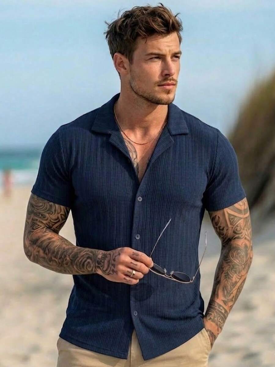Men's Casual Ribbed Resort Shirt Short-Sleeve Button-Down Camp Collar