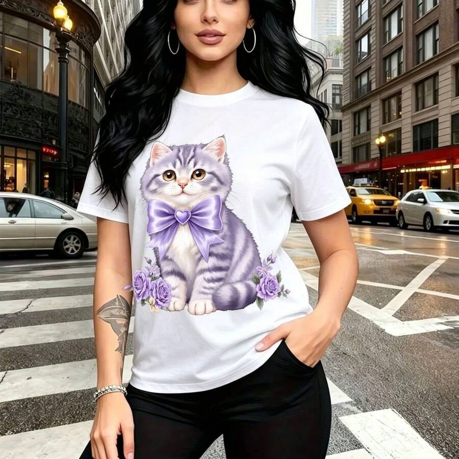 Camiseta de mujer con estampado adorable de gatito gris y blanco con lazo morado brillante y flores - camiseta casual de manga corta, ajuste cómodo y estilo urbano ideal para calles de la ciudad - regalo perfecto para mamá, esposa, novia, hermana may - Blanco - Ver 1