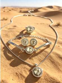 4pcs Set Of Fashionable Rhinestone Encrusted Round Jewelry Set, Suitable For Women's Daily Wear, Holidays, Weddings, Celebrations, And Gift Giving - Silver - View 1