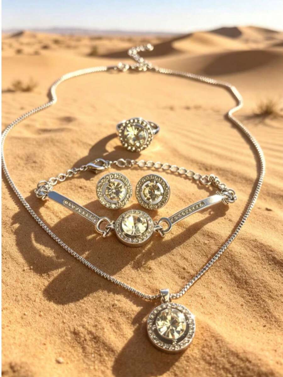 4pcs Set Of Fashionable Rhinestone Encrusted Round Jewelry Set, Suitable For Women's Daily Wear, Holidays, Weddings, Celebrations, And Gift Giving - Silver - View 1