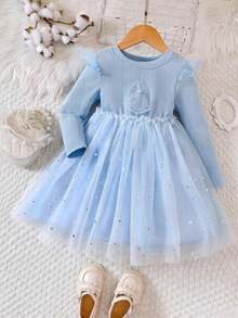 Young Girls' Spring/Autumn Cartoon Print Knit Contrast Mesh Princess Dress - Blue - View 2