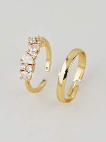 2pcs Elegant Cubic Zirconia Stone Rings, Stackable Rings Suitable For Women's Daily Wear, Dates, Weddings, Parties, Anniversaries, Bridal Gift - Yellow Gold - View 3