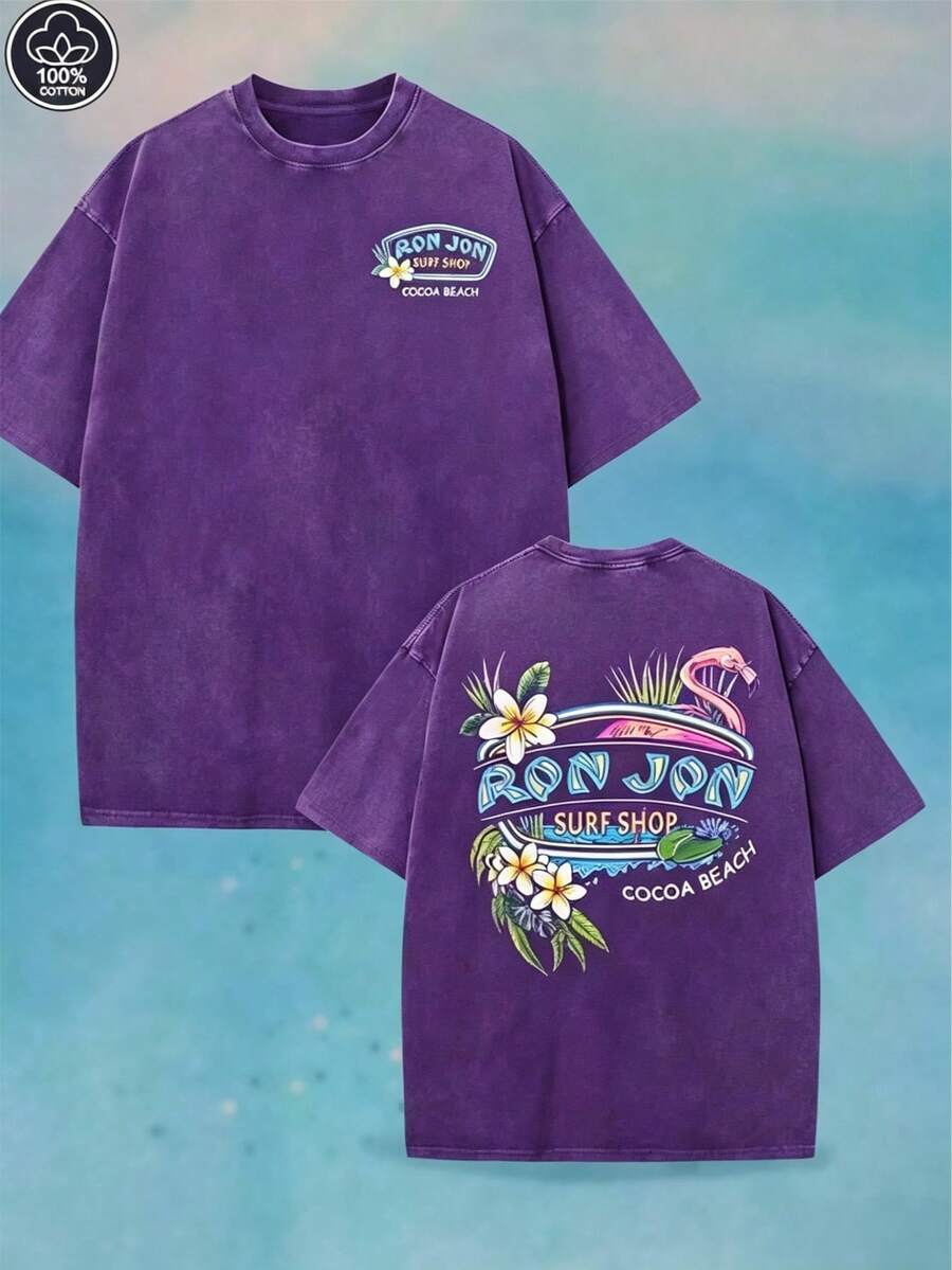 2026 New Everyday Tops. 230g Cotton Tee With Surf Shop Print, Breathable & Lightweight. Street Style Unisex Top, Great For Daily Look And Vacation. - Màu tím - Xem 1