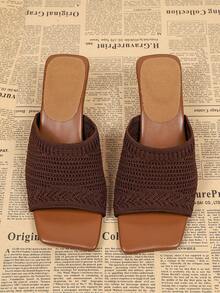Square Toe Breathable Mesh High Heel Sandals For Women, Summer Slip-On Open Heel Ladies Mules, Fashion Chunky Heel Slides - Brown - View 11