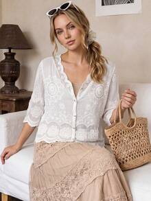 Cubierta de Playa Estilo Bohemio de Verano con Encaje - Cuello en V Manga 3/4 Ropa de Vacaciones & Resort - Blanco - Ver 2