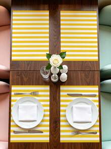 1pc Yellow & White Vertical Striped Placemat, Vibrant Modern Creative Placemat, Linen-Like Material, Easy To Clean, Suitable For Kitchen, Dining Room Decor, Holiday Party Table Decoration, Home Decor - Yellow - View 4