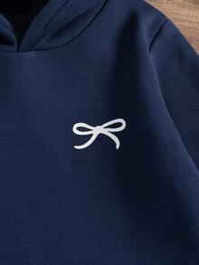 Tween Girls' Casual Bow Print Hooded Long Sleeve Sweatshirt, Regular Fit, Autumn/Winter - Navy Blue - View 4
