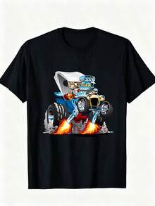 Men's Classic Hotrod Cartoon T-Shirt - Black Cotton, Funny Dragster Design With Flames, Round Neck, All-Season Casual Wear 220g - Black - View 1