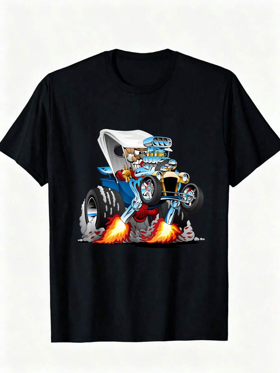 Men's Classic Hotrod Cartoon T-Shirt - Black Cotton, Funny Dragster Design With Flames, Round Neck, All-Season Casual Wear 220g - Black - View 1
