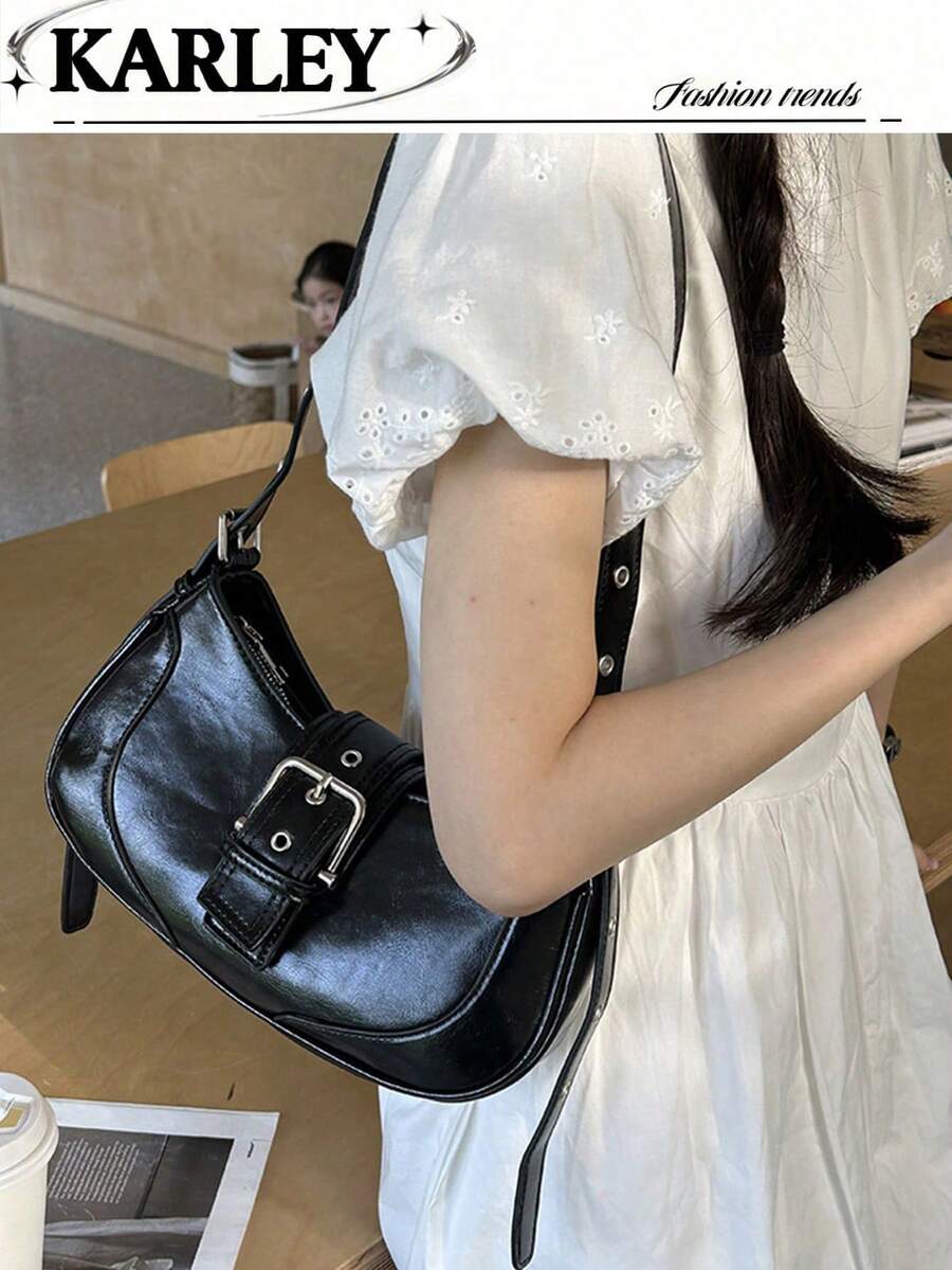 1 件 PU 皮革女士手提包,时尚 Y2K E-Girl 摩托车风格包,百搭复古小包,甜辣腋下包,女士小众单肩斜挎腋下包,时尚日式包 - 黑色 - 查看 1