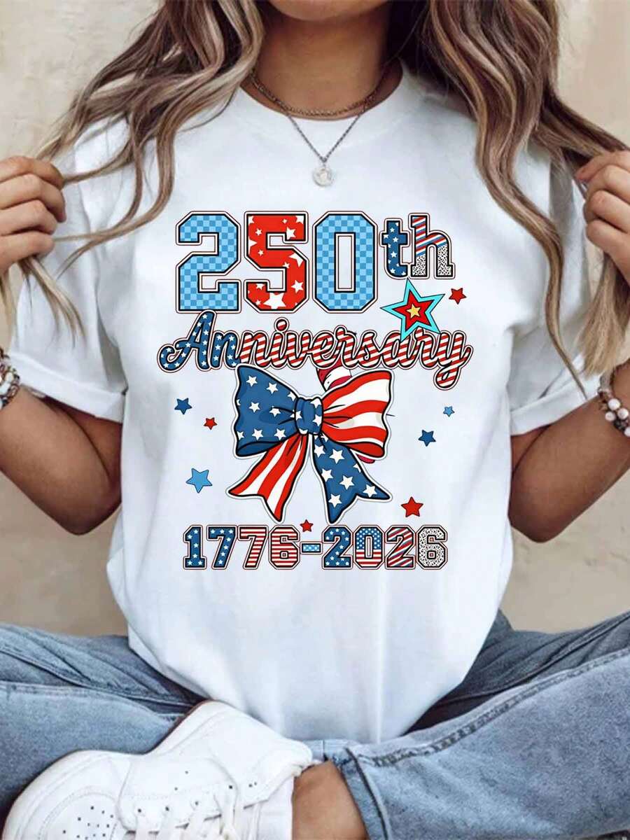 250th Anniversary Usa Independence Day 1776 2026 Patriotic Celebration T Shirt For Women Men Unisex American Flag Bow Design Fourth Of July Party Wear,220g - trắng - Xem 1