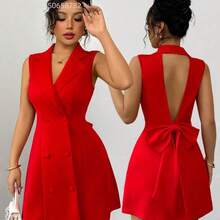 Fengyu Women's Clothing Store Nuevo vestido mini de mujer con diseño de lazo, de cuello de solapa, doble botonadura, escote en V profundo, sin mangas, ajustado, versátil para fiesta, cita, joven, elegante, pequeña y sexy - Rosa Fucsia - Ver 2