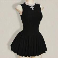 Soqi Women's Clothing  Vestido mini de verano para mujer de unicolor con cuello redondo y bajo plisado - Blanco - Ver 8