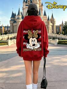 Disney Minnie Mouse Leopard Print Bow Hoodie, Women's Casual Long Sleeve Drawstring Hooded Sweatshirt - Đỏ - Xem 6