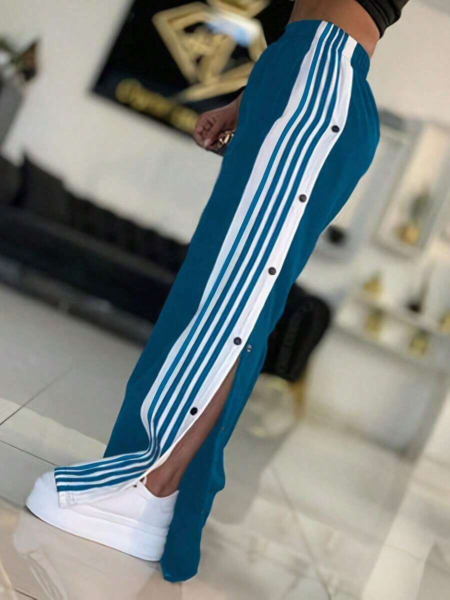 Pantalones de pierna ancha a rayas blancas y azul marino, con rayas blancas y cierre de botones - Pantalones deportivos casuales, de corte holgado, aptos para deportes y uso diario (lavables a máquina) - Aberturas de pierna sin elástico Negro Primavera - Azul eléctrico - Ver 1