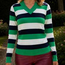 Women's Cold Weather Blouse | Women's Striped Long Sleeve Blouse | Striped V-Neck Blouse | Stripes - 綠色 - 查看 2