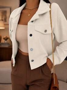 Women's Corduroy Cropped Jacket With Front Buttons - Blanco - Ver 3