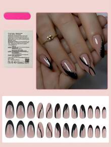 24pcs Medium Almond-Shaped Black & Gold French Manicure Nail Stickers, Glitter Line Minimalist Style Full Coverage False Nails, Suitable For Women's Daily Wear - Multicolor - View 2
