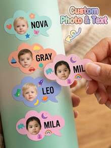 Individuelle Foto-Namensschilder, personalisierte Kinder-Namensaufkleber, süße Sprechblasen-Namensetiketten, anpassbare Textaufkleber in Sprechblasenform mit Cartoon-Icon-Designs, druckbar mit individuellen Fotos und Namen, geeignet für Kinder - Dialogfeld - Übersicht 15