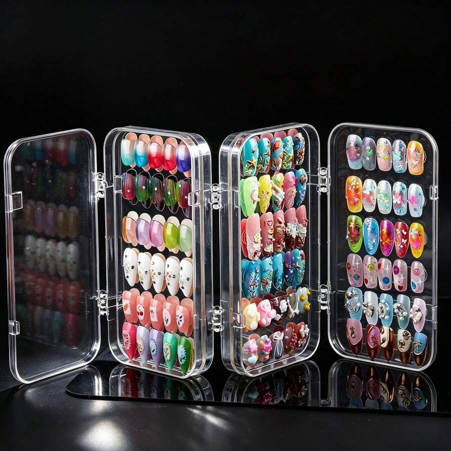 1pc Press-On Nails Storage Box, Three-Fold Four-Page Design, Transparent Press-On Nails Packaging Box, PET Plastic Storage Box, Comes With 30 Pieces Of Double-Sided Adhesive