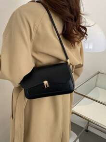 Fashionable Solid Color Buckle Retro Shoulder Bag - Black - View 2