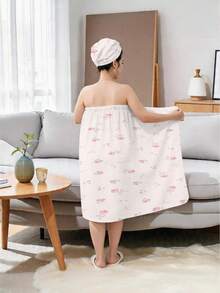 1/2pcs Polyester Bathrobe & Hair Towel Cap, Pink Rose Bow Ditsy Floral Bandeau Bath Wrap, Quick-Dry Absorbent Bath Towel Dress, Elastic Bandeau Design, Suitable For Daily Bathroom Care, SPA Salon, Hotel Stay, Travel Vacation, Beach Swimwear Cover-Up & Home Leisure Wear - Multicolor - View 5