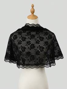 1件女款玫瑰刺繡半圓形披肩，一件式半圓形花卉刺繡披肩配波浪蕾絲邊，洋裝外搭披肩，適合日常通勤，四季皆宜 - 彩色 - 查看 4